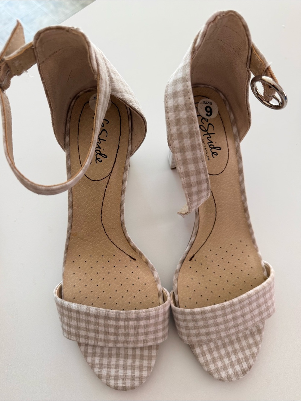 Life Stride Beige Gingham Ankle-Strap Heels